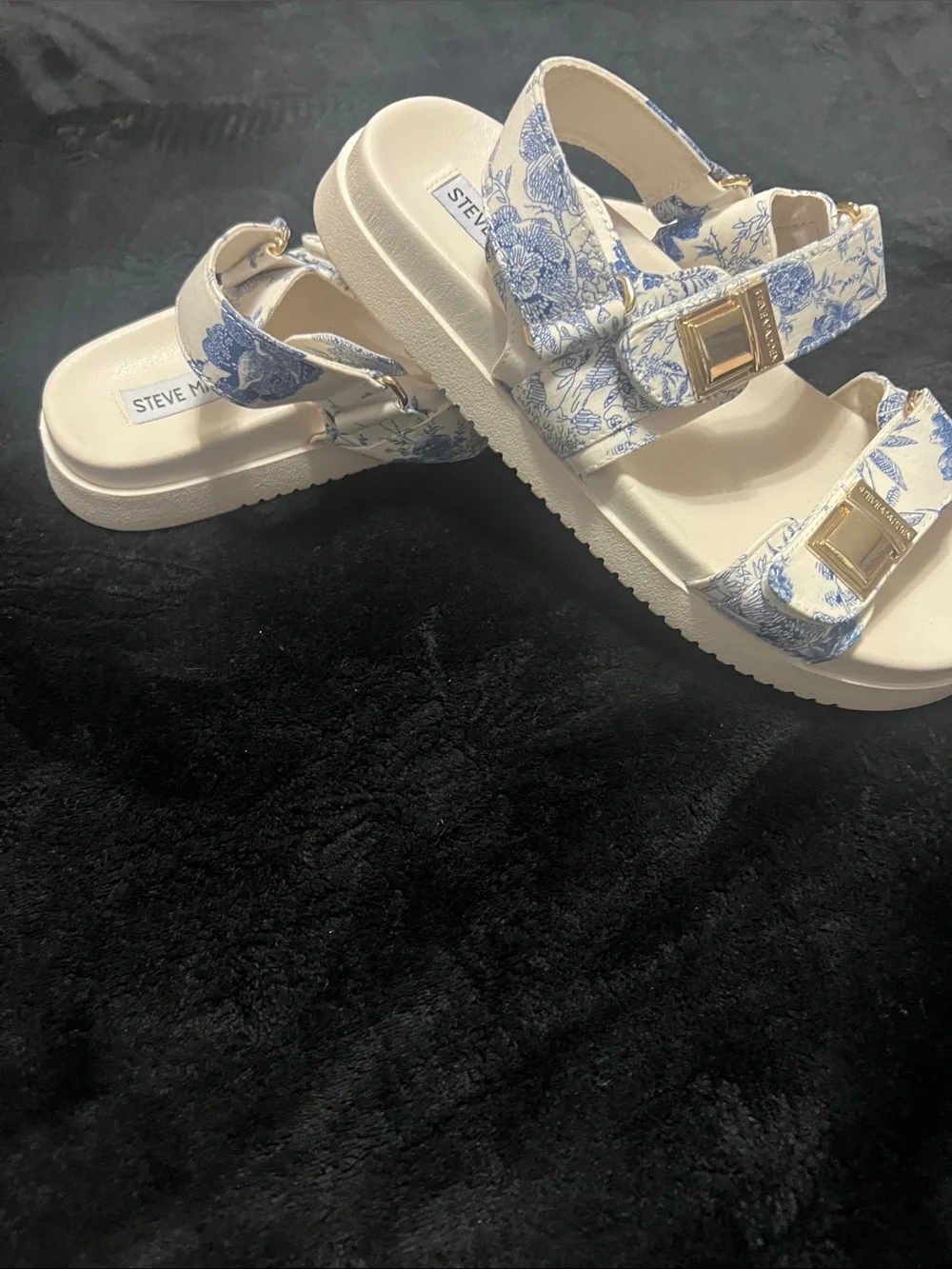 Steve Madden Women White Sandals with Blue Floral Straps and Gold Hardware